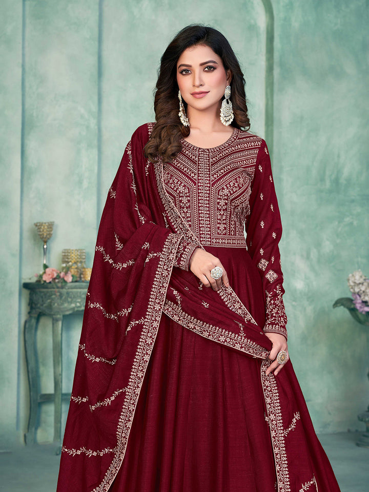 Maroon Embroidered Art Silk Semi Stitched Kurta With Churidar Pajami &amp; Dupatta