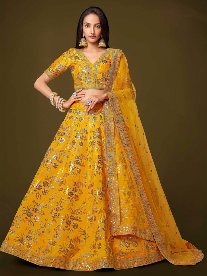 Mustard Art Silk Embroidered Semi Stitched Lehenga Choli with Dupatta