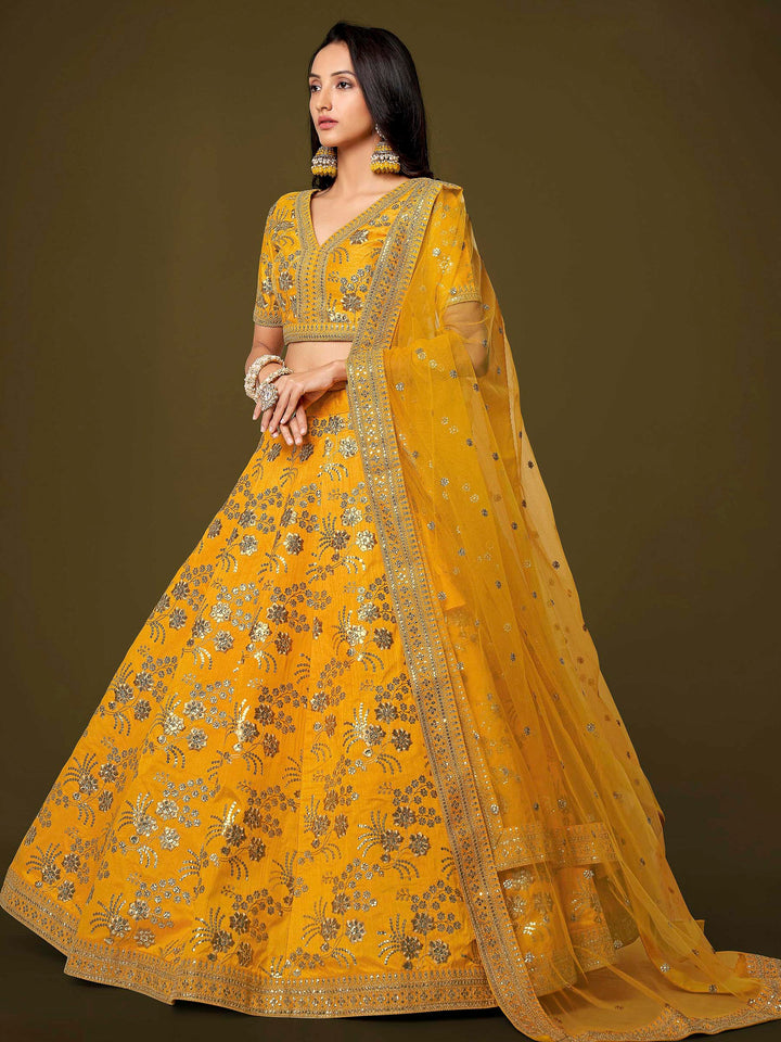 Mustard Art Silk Embroidered Semi Stitched Lehenga Choli with Dupatta