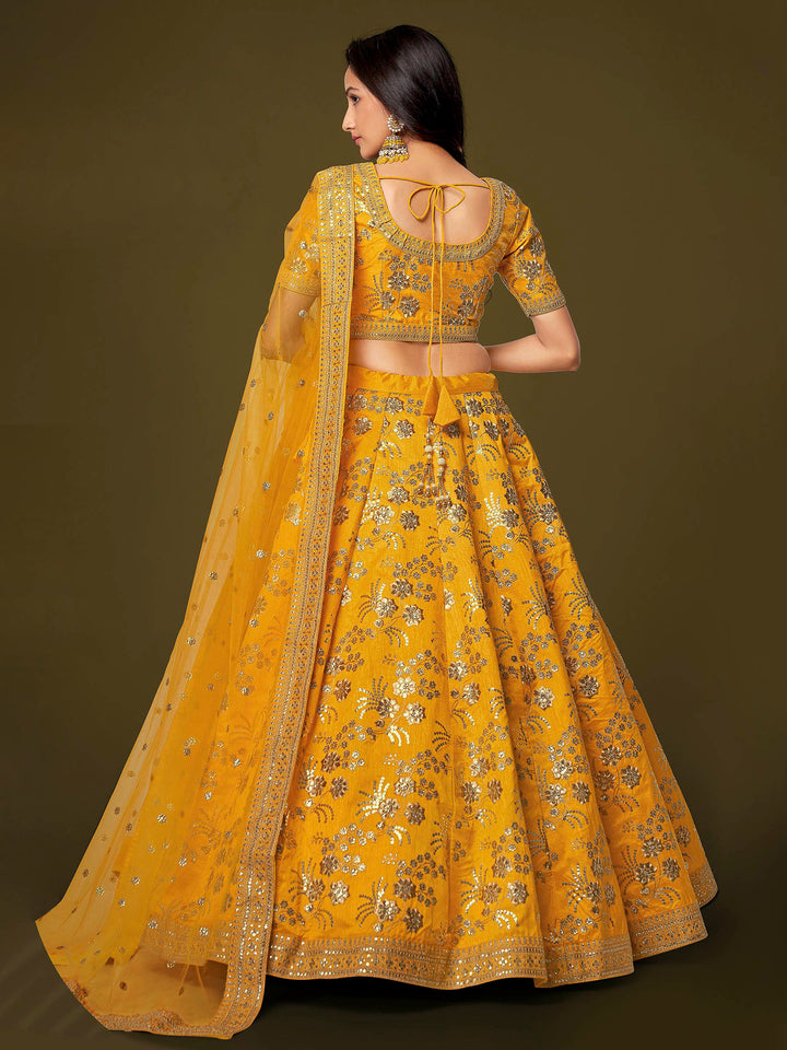 Mustard Art Silk Embroidered Semi Stitched Lehenga Choli with Dupatta