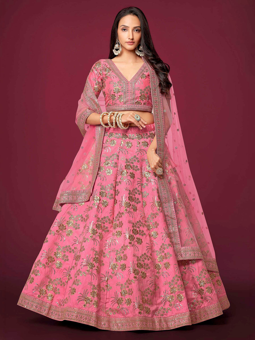 Pink Art Silk Embroidered Semi Stitched Lehenga Choli with Dupatta