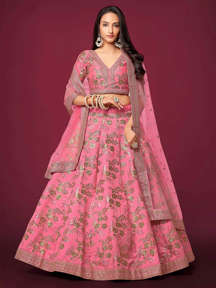 Pink Art Silk Embroidered Semi Stitched Lehenga Choli with Dupatta