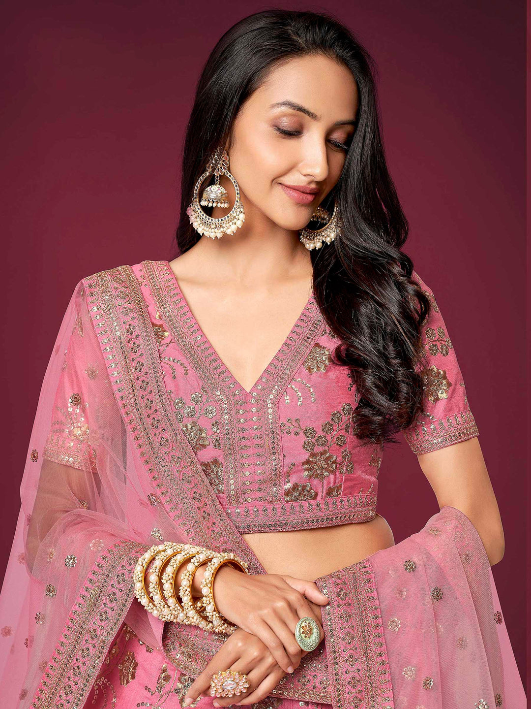 Pink Art Silk Embroidered Semi Stitched Lehenga Choli with Dupatta