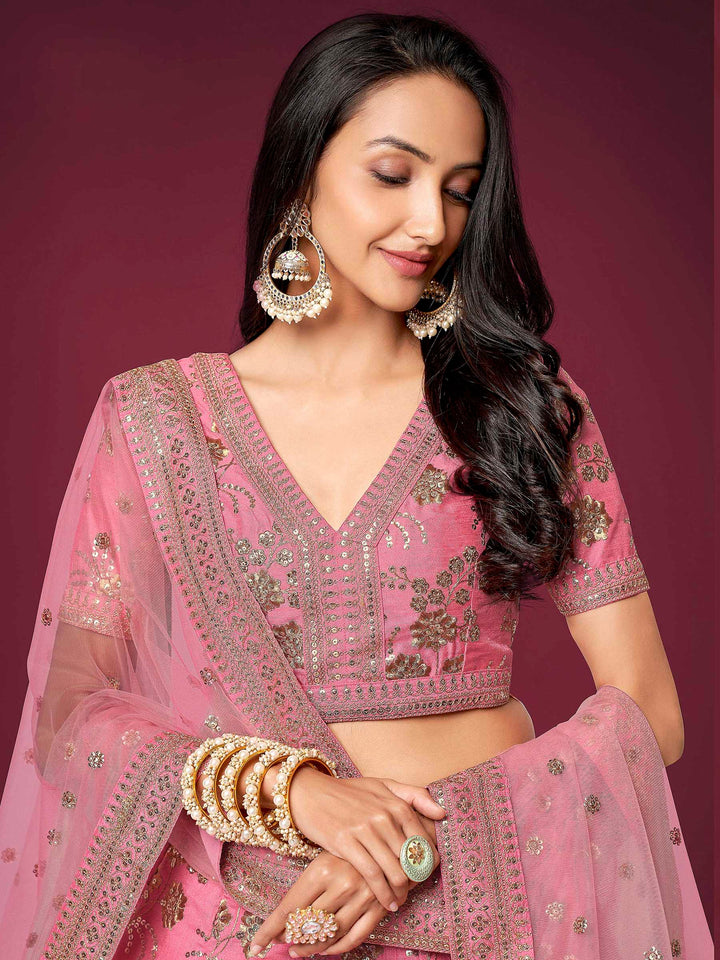 Pink Art Silk Embroidered Semi Stitched Lehenga Choli with Dupatta