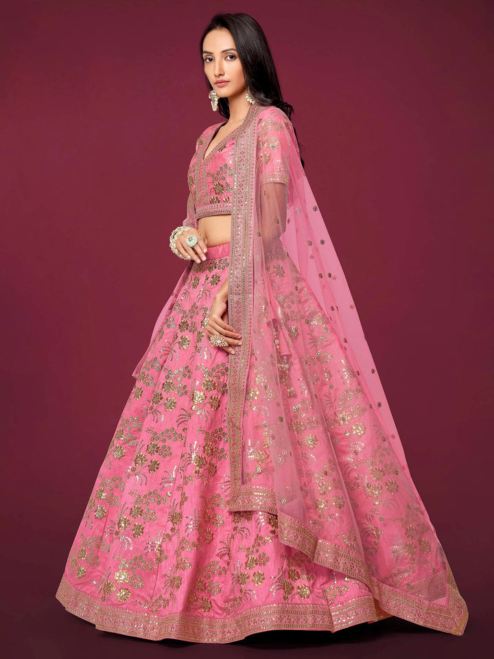 Pink Art Silk Embroidered Semi Stitched Lehenga Choli with Dupatta