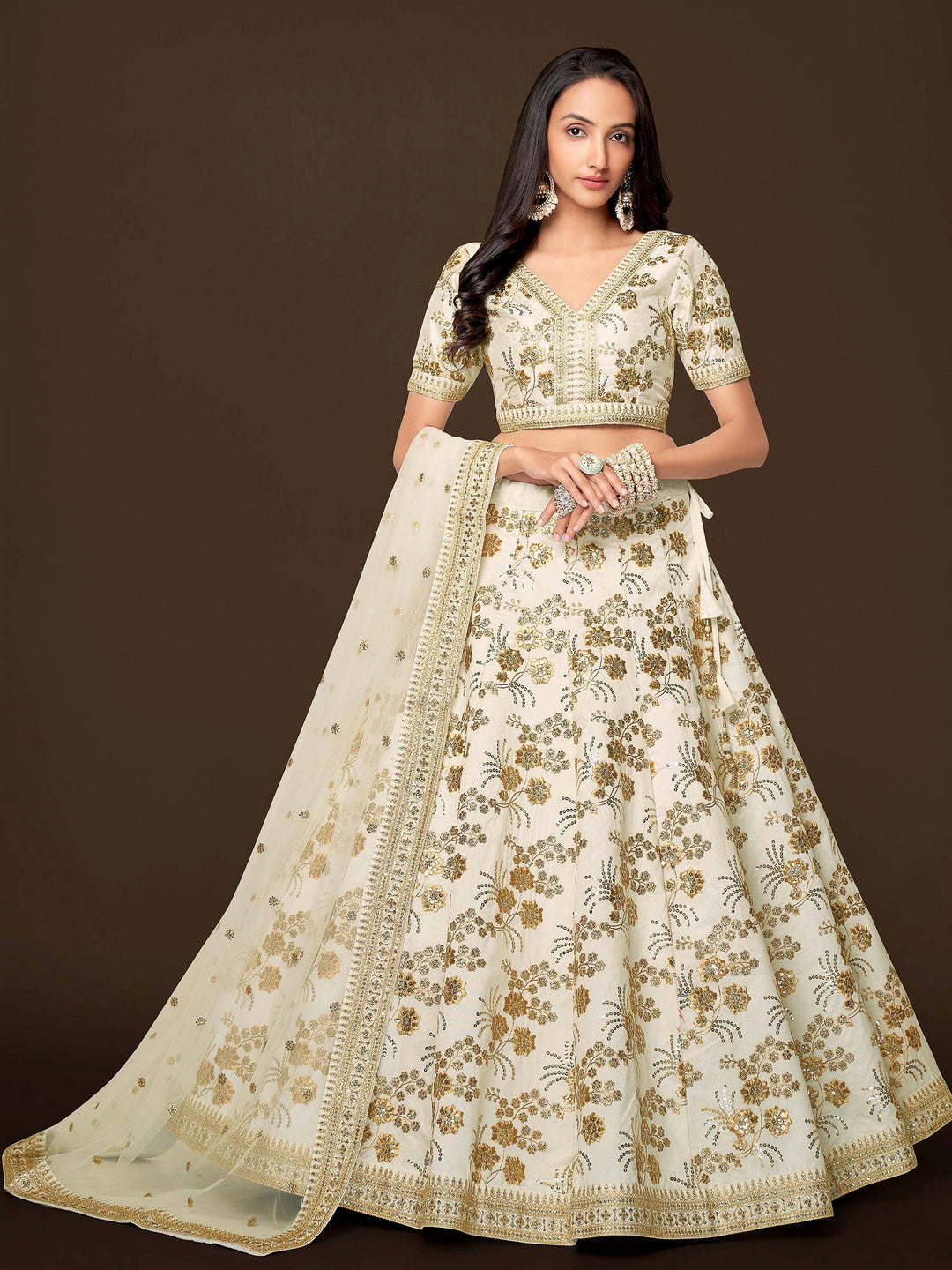 White Art Silk Embroidered Semi Stitched Lehenga Choli with Dupatta