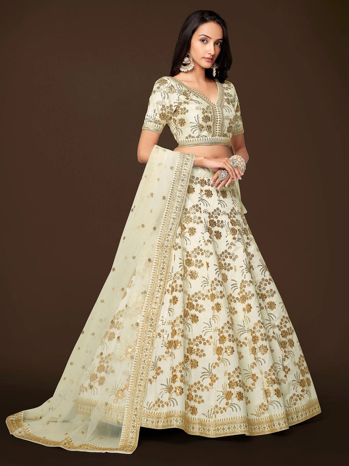 White Art Silk Embroidered Semi Stitched Lehenga Choli with Dupatta