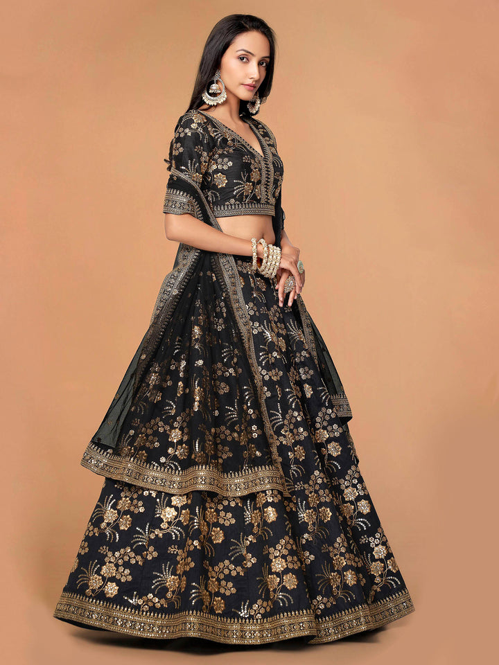 Black Art Silk Embroidered Semi Stitched Lehenga Choli with Dupatta