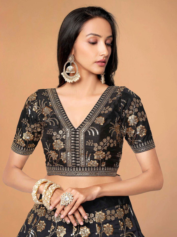Black Art Silk Embroidered Semi Stitched Lehenga Choli with Dupatta