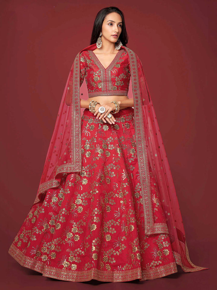 Red Art Silk Embroidered Semi Stitched Lehenga Choli with Dupatta