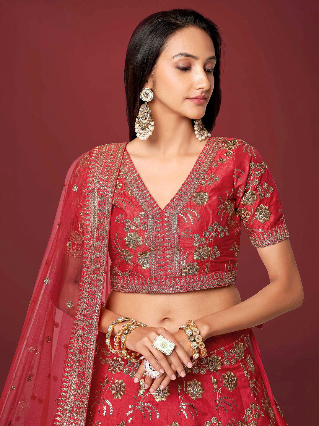 Red Art Silk Embroidered Semi Stitched Lehenga Choli with Dupatta