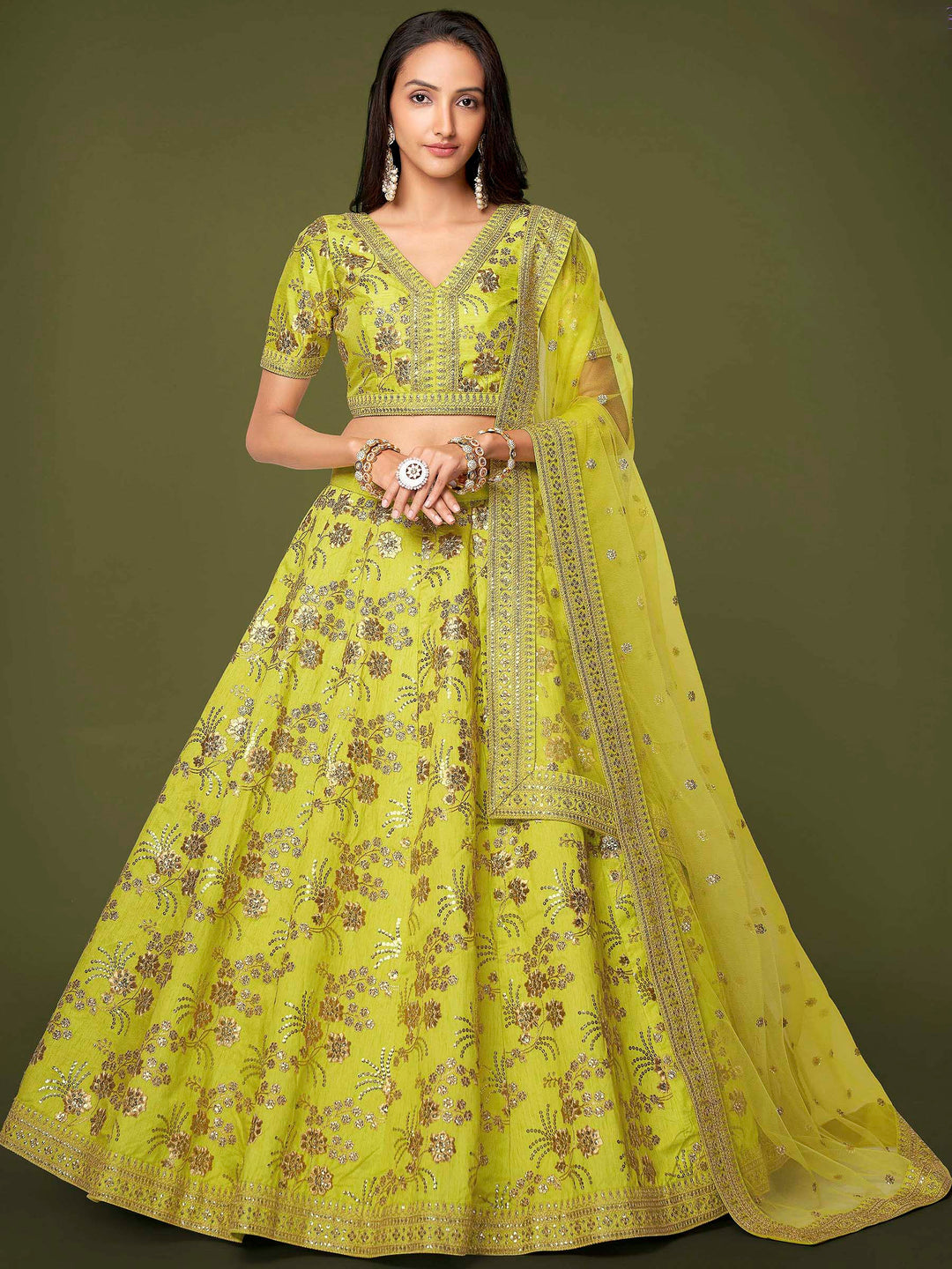 Green Art Silk Embroidered Semi Stitched Lehenga Choli with Dupatta