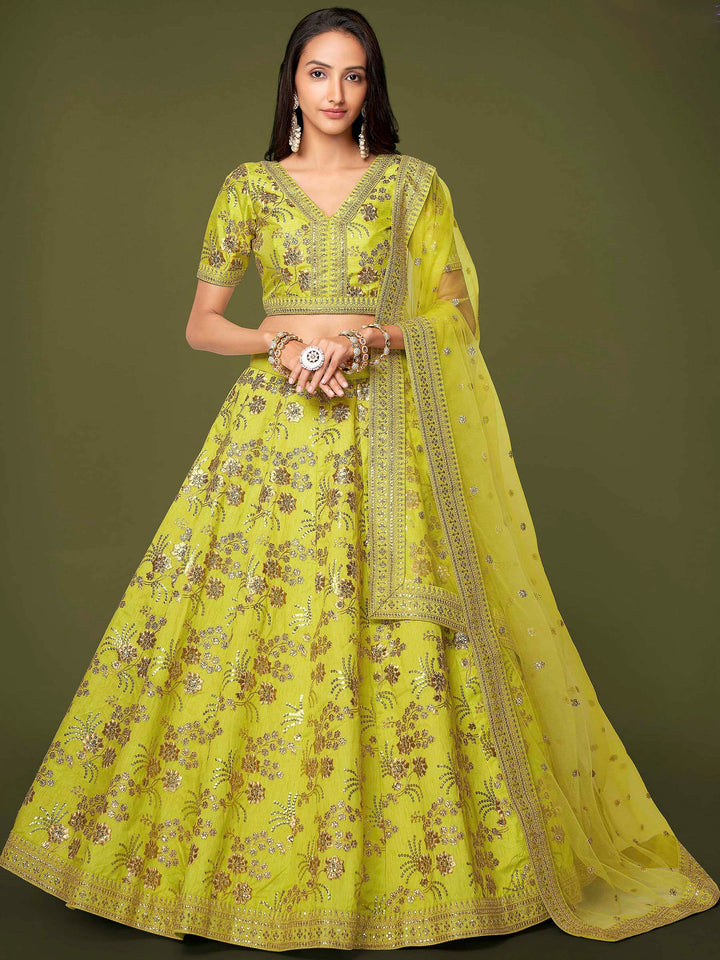 Green Art Silk Embroidered Semi Stitched Lehenga Choli with Dupatta