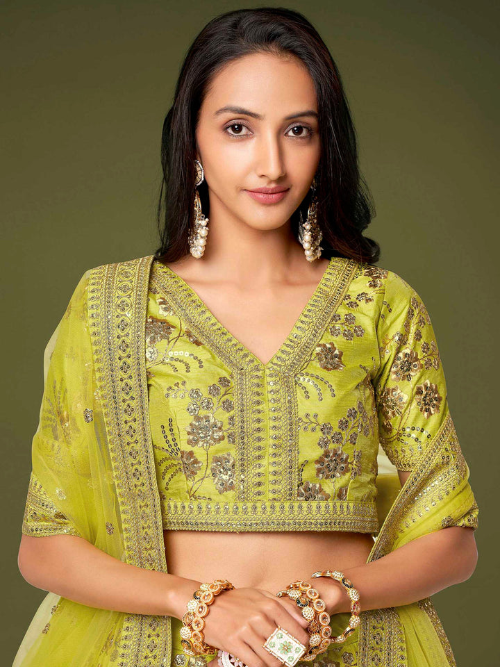 Green Art Silk Embroidered Semi Stitched Lehenga Choli with Dupatta