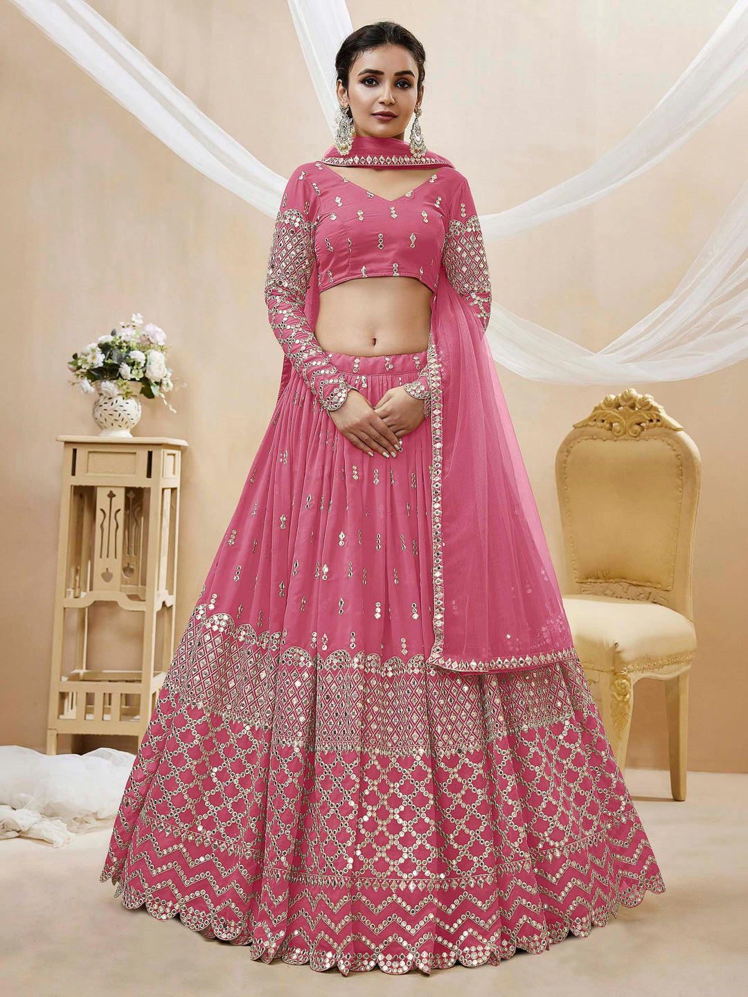 Pink Georgette Embroidered Semi Stitched Lehenga Choli with Dupatta