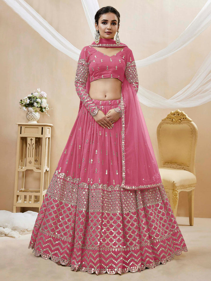 Pink Georgette Embroidered Semi Stitched Lehenga Choli with Dupatta