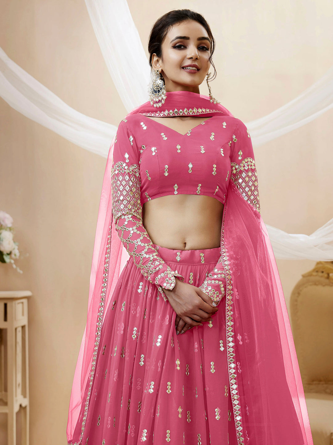 Pink Georgette Embroidered Semi Stitched Lehenga Choli with Dupatta
