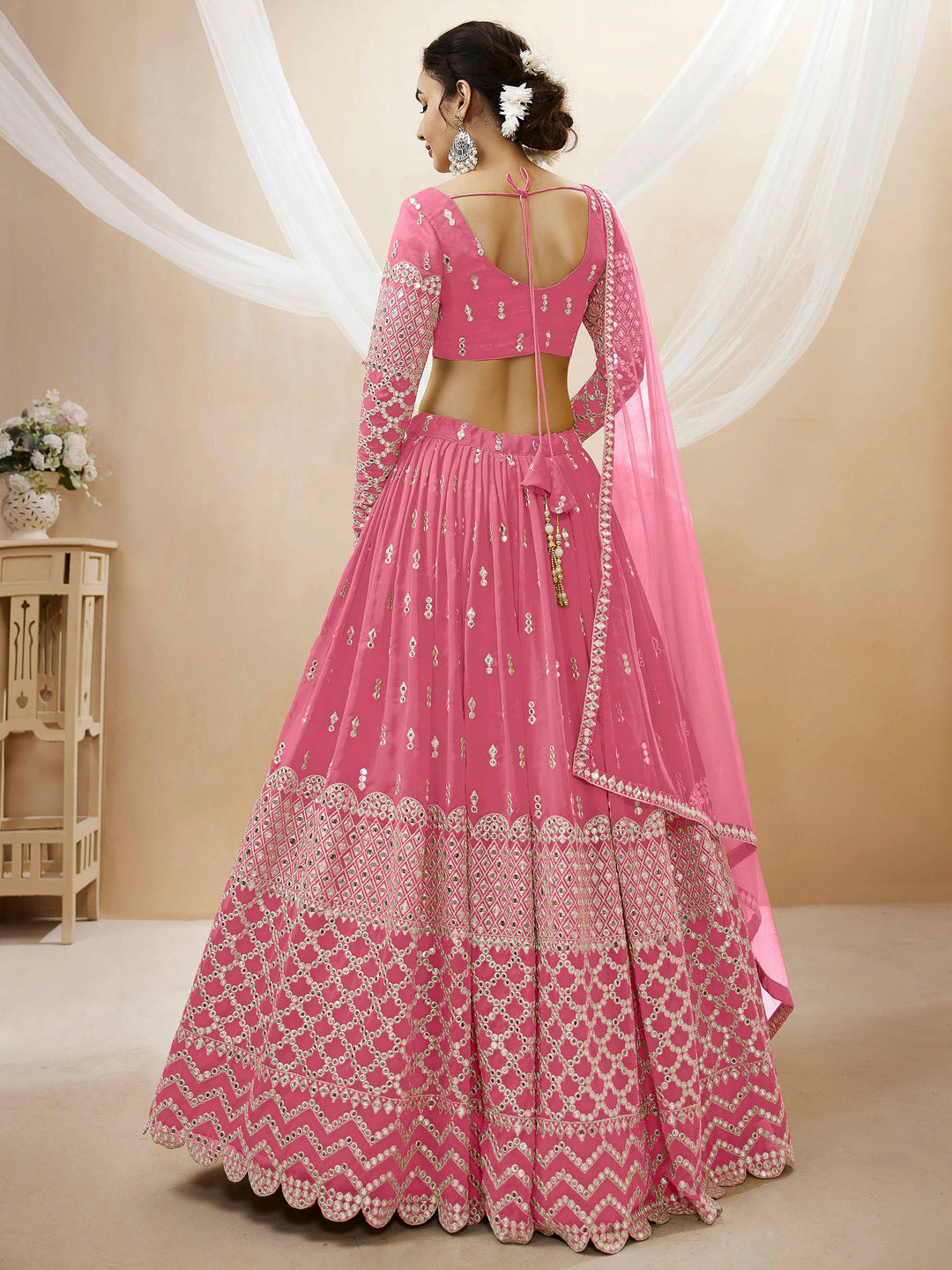 Pink Georgette Embroidered Semi Stitched Lehenga Choli with Dupatta