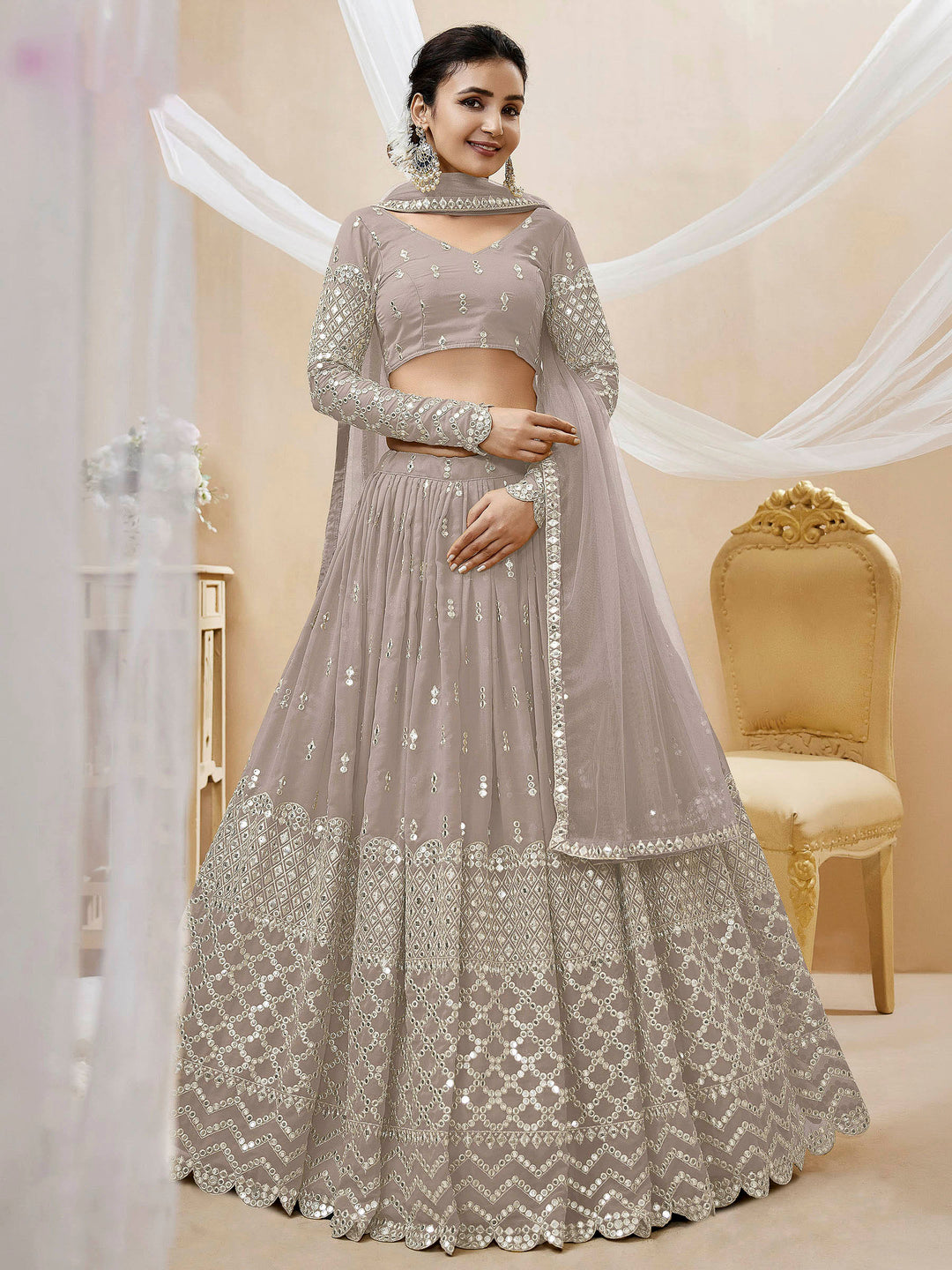 Grey Georgette Embroidered Semi Stitched Lehenga Choli with Dupatta