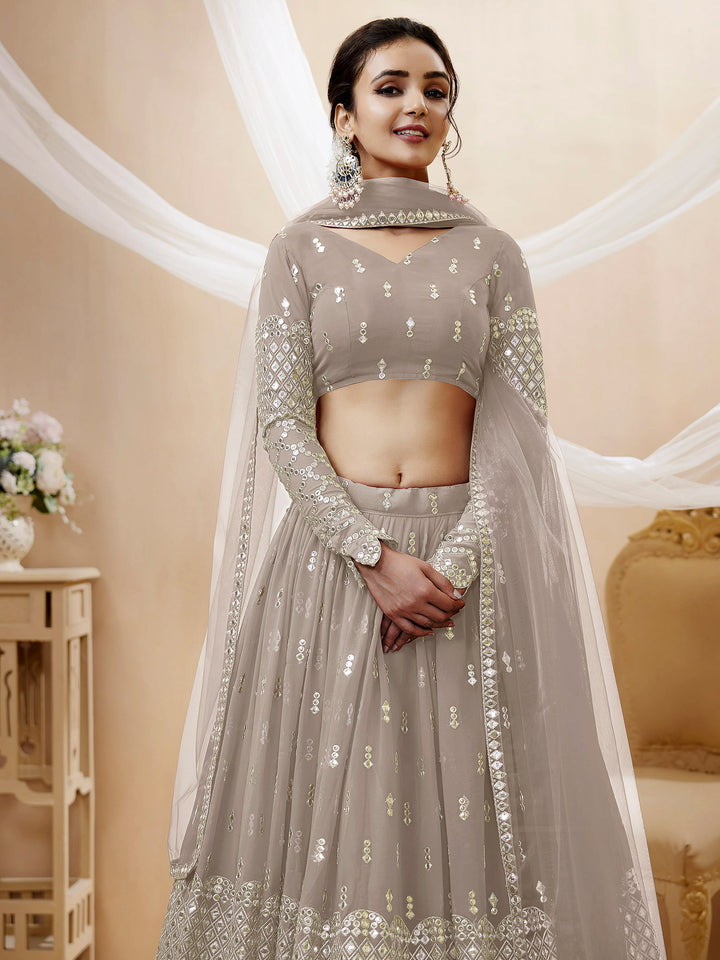 Grey Georgette Embroidered Semi Stitched Lehenga Choli with Dupatta