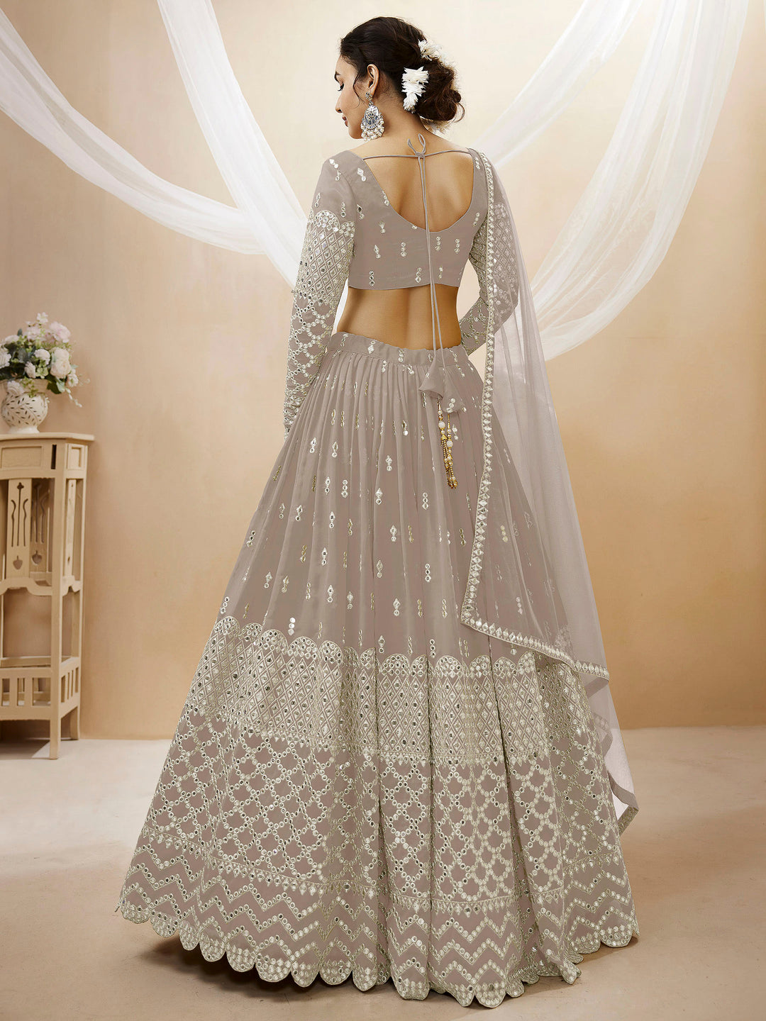 Grey Georgette Embroidered Semi Stitched Lehenga Choli with Dupatta