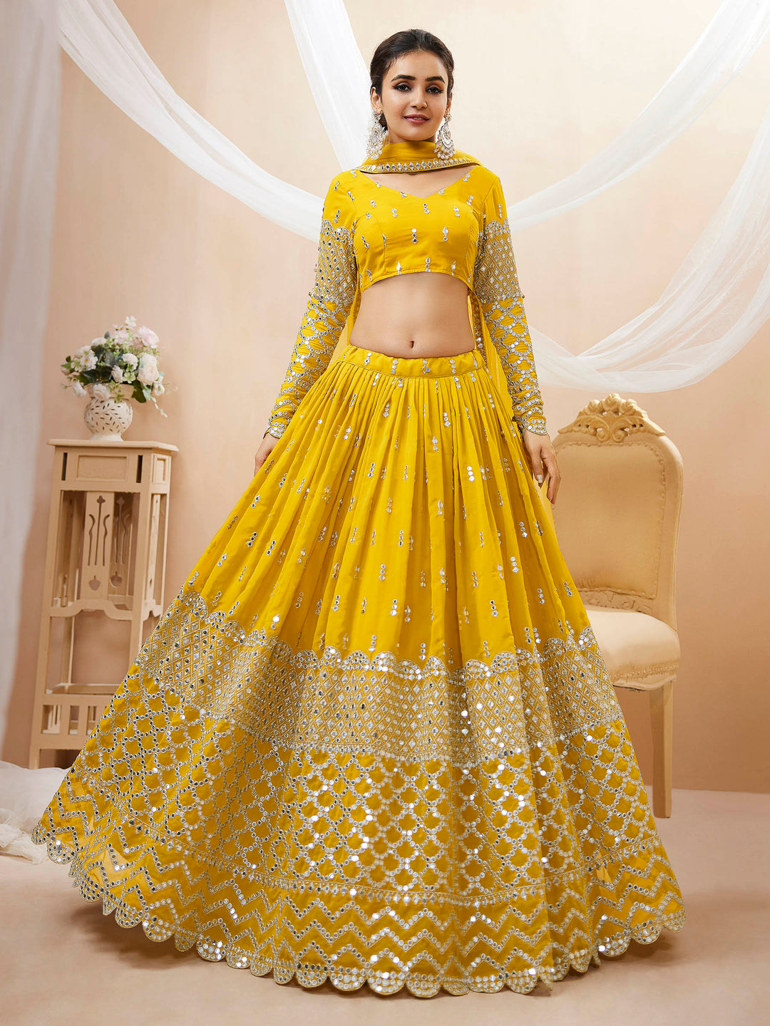 Yellow Georgette Embroidered Semi Stitched Lehenga Choli with Dupatta