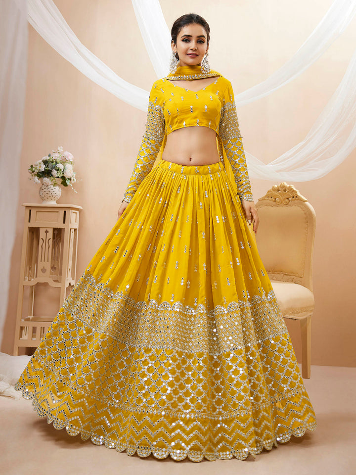 Yellow Georgette Embroidered Semi Stitched Lehenga Choli with Dupatta