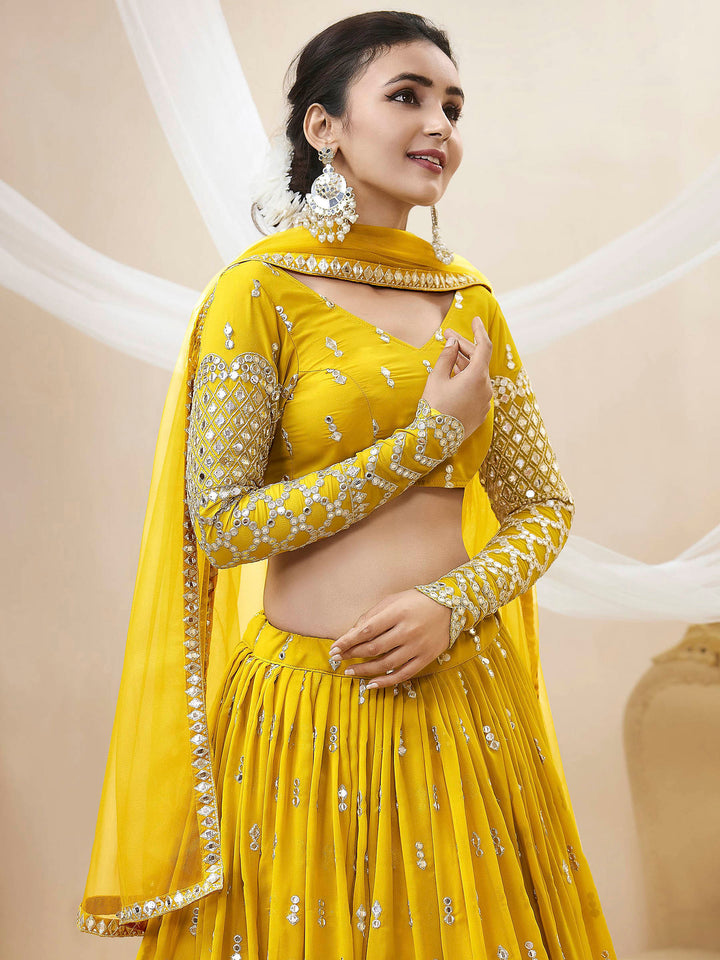 Yellow Georgette Embroidered Semi Stitched Lehenga Choli with Dupatta