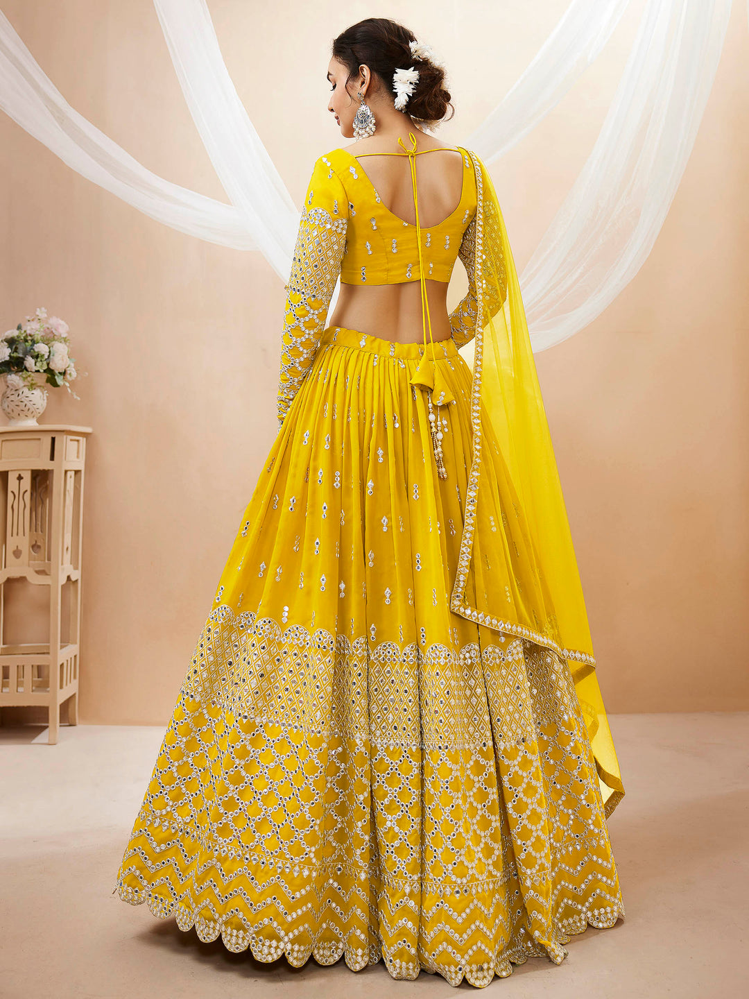 Yellow Georgette Embroidered Semi Stitched Lehenga Choli with Dupatta