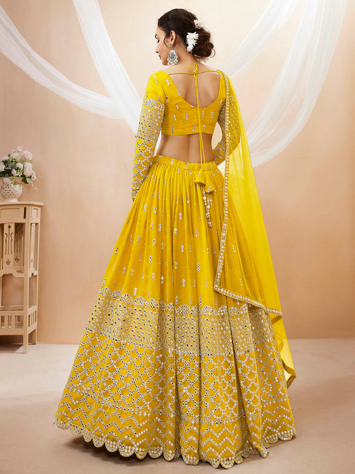 Yellow Georgette Embroidered Semi Stitched Lehenga Choli with Dupatta
