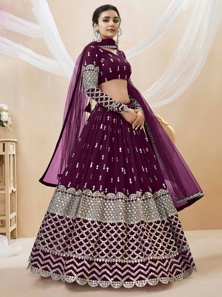 Wine Georgette Embroidered Semi Stitched Lehenga Choli with Dupatta