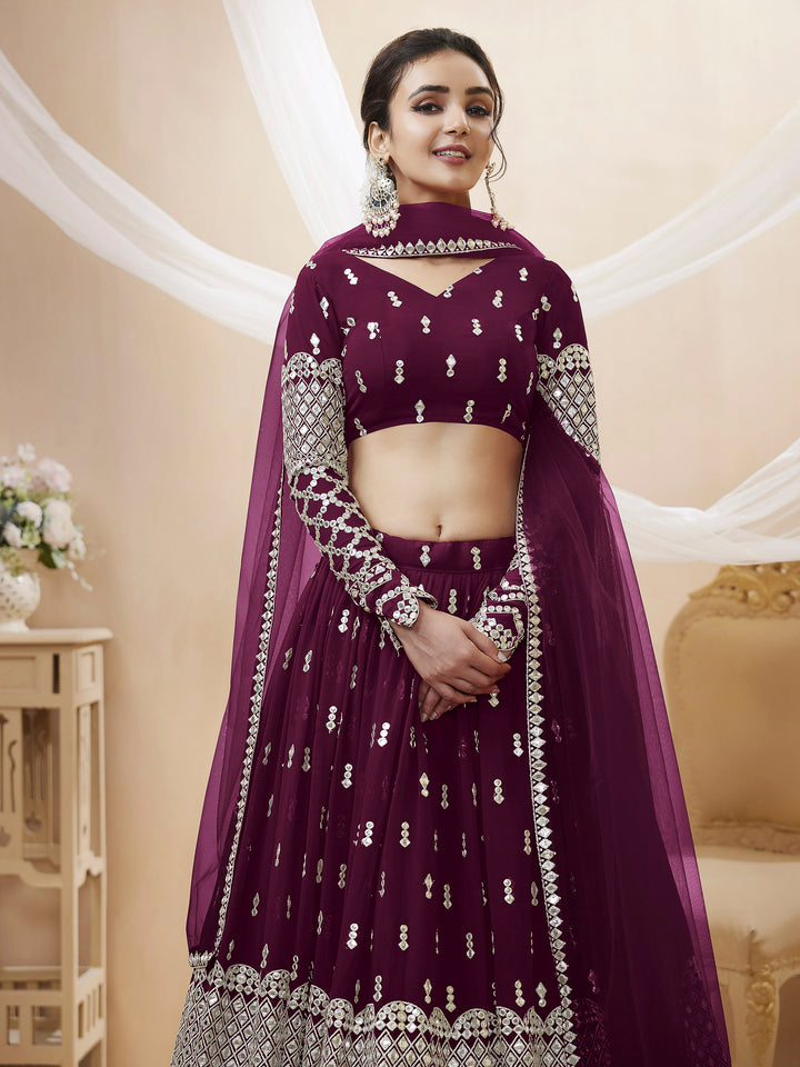 Wine Georgette Embroidered Semi Stitched Lehenga Choli with Dupatta