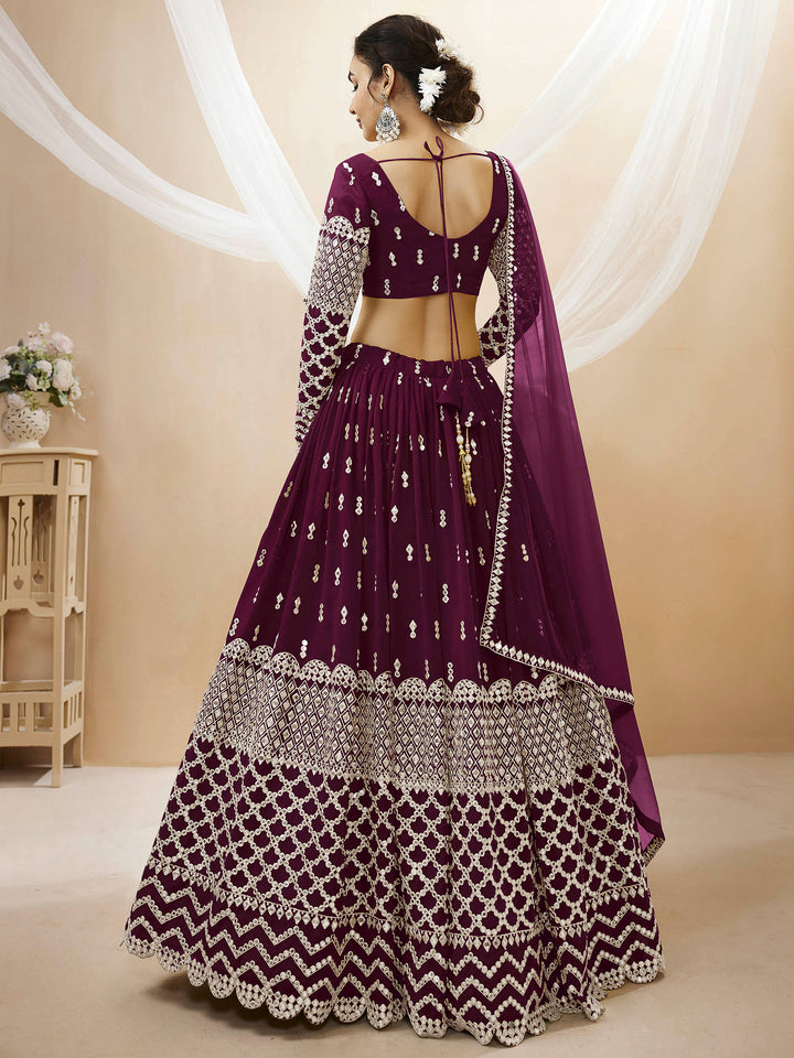 Wine Georgette Embroidered Semi Stitched Lehenga Choli with Dupatta