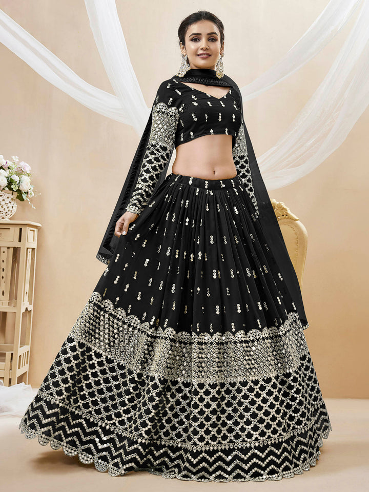 Black Georgette Embroidered Semi Stitched Lehenga Choli with Dupatta