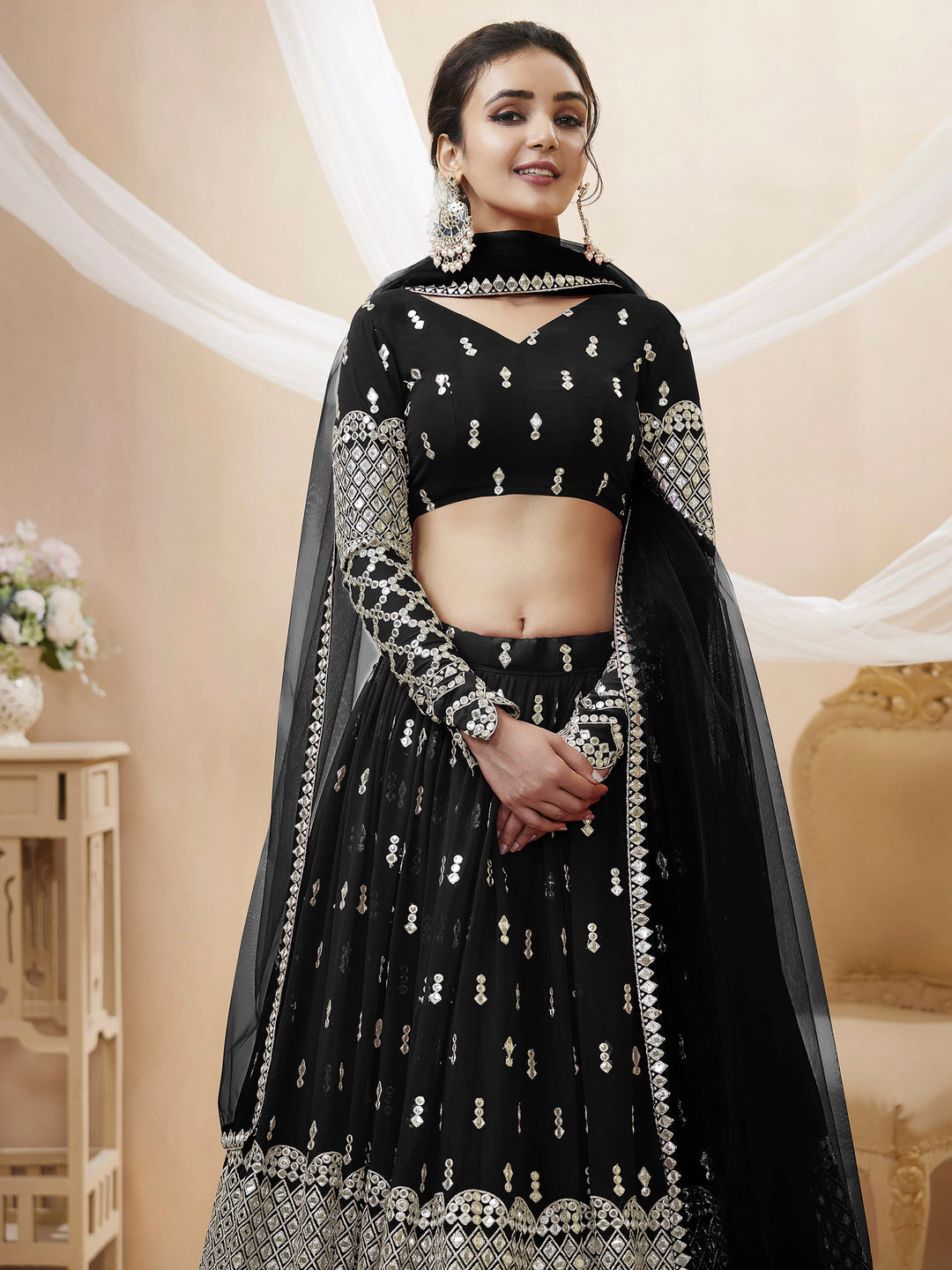 Black Georgette Embroidered Semi Stitched Lehenga Choli with Dupatta