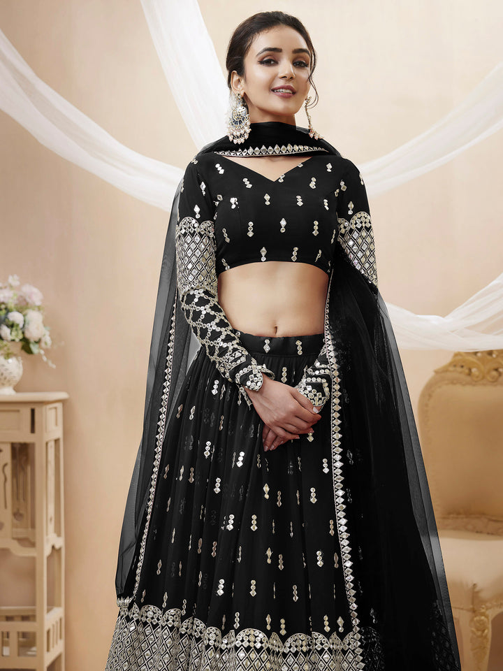 Black Georgette Embroidered Semi Stitched Lehenga Choli with Dupatta