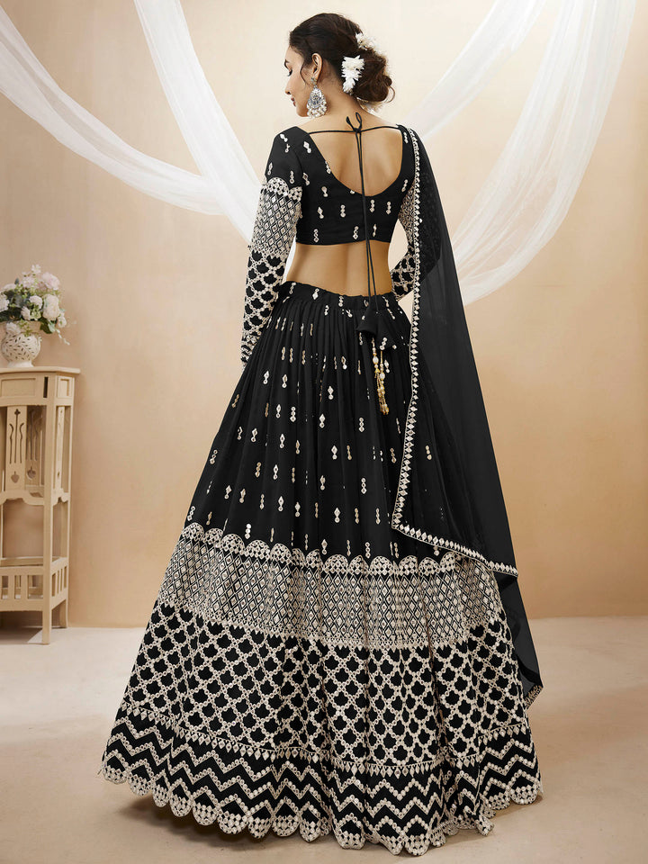 Black Georgette Embroidered Semi Stitched Lehenga Choli with Dupatta