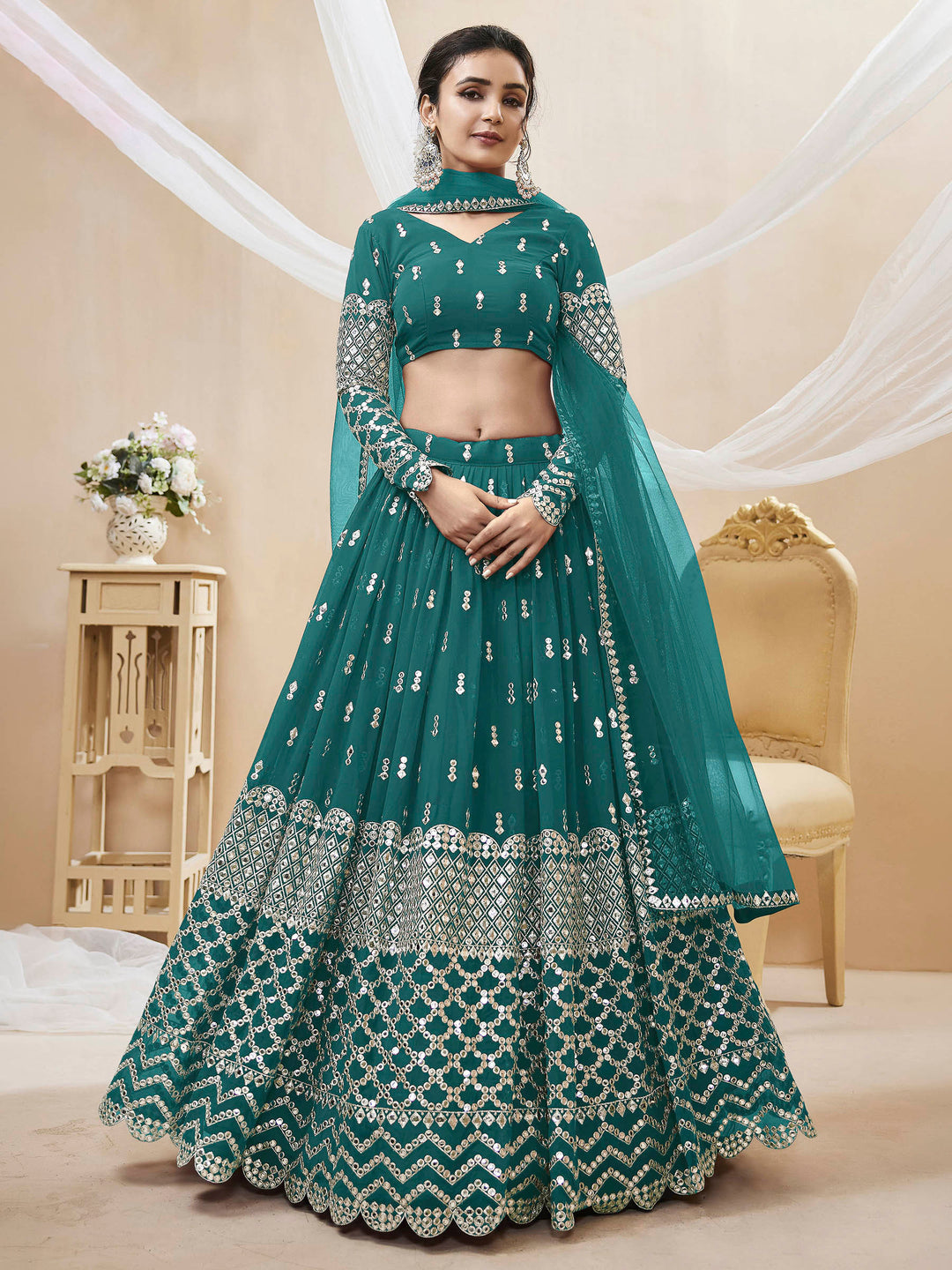 Teal-Blue Georgette Embroidered Semi Stitched Lehenga Choli with Dupatta