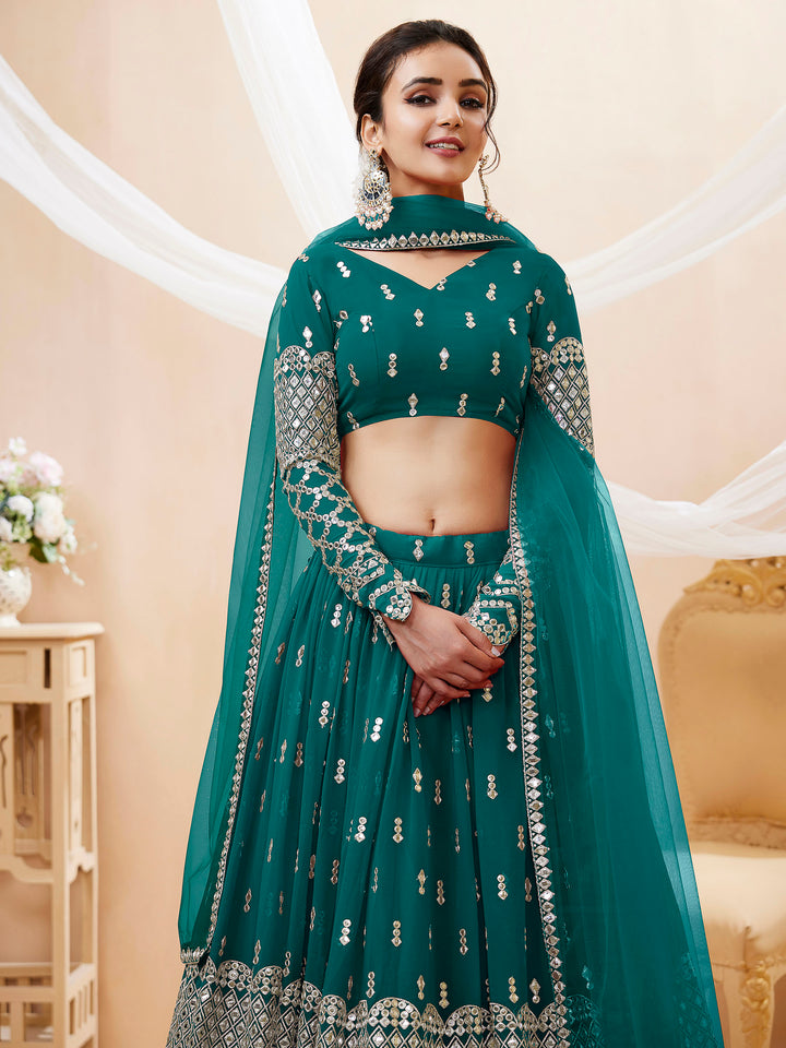 Teal-Blue Georgette Embroidered Semi Stitched Lehenga Choli with Dupatta