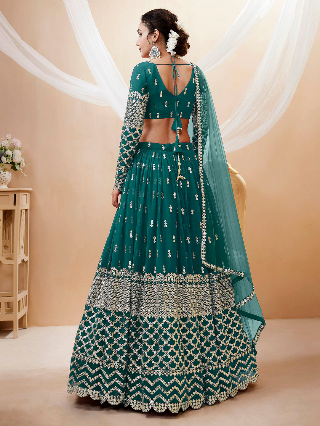 Teal-Blue Georgette Embroidered Semi Stitched Lehenga Choli with Dupatta