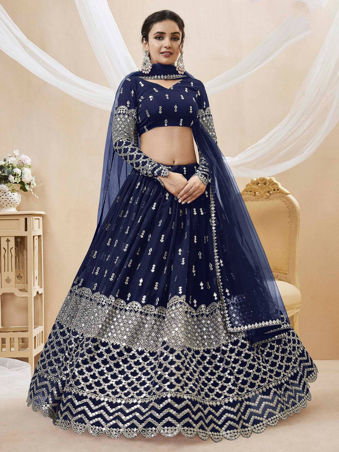 Blue Georgette Embroidered Semi Stitched Lehenga Choli with Dupatta