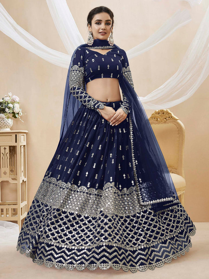 Blue Georgette Embroidered Semi Stitched Lehenga Choli with Dupatta
