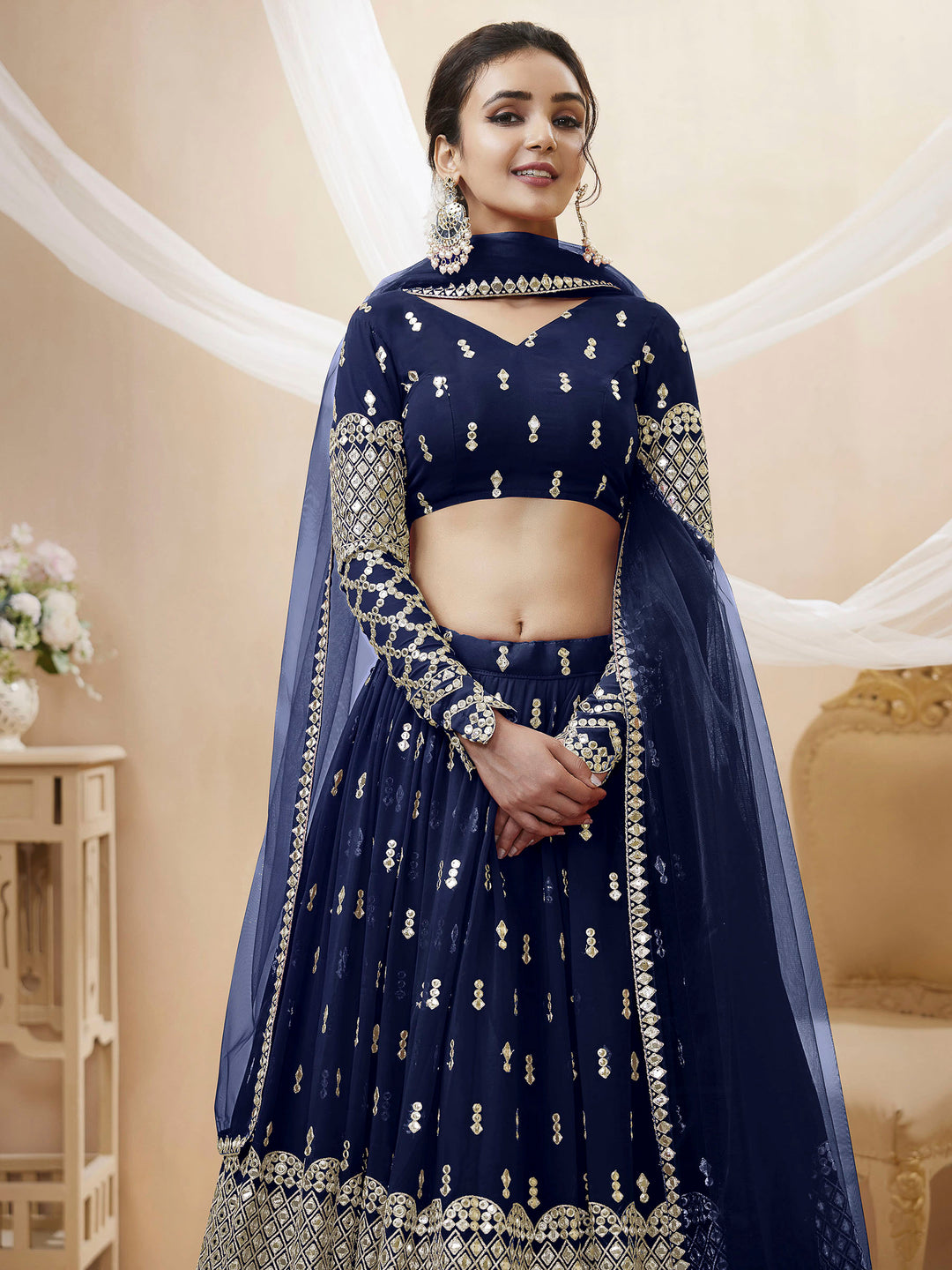 Blue Georgette Embroidered Semi Stitched Lehenga Choli with Dupatta