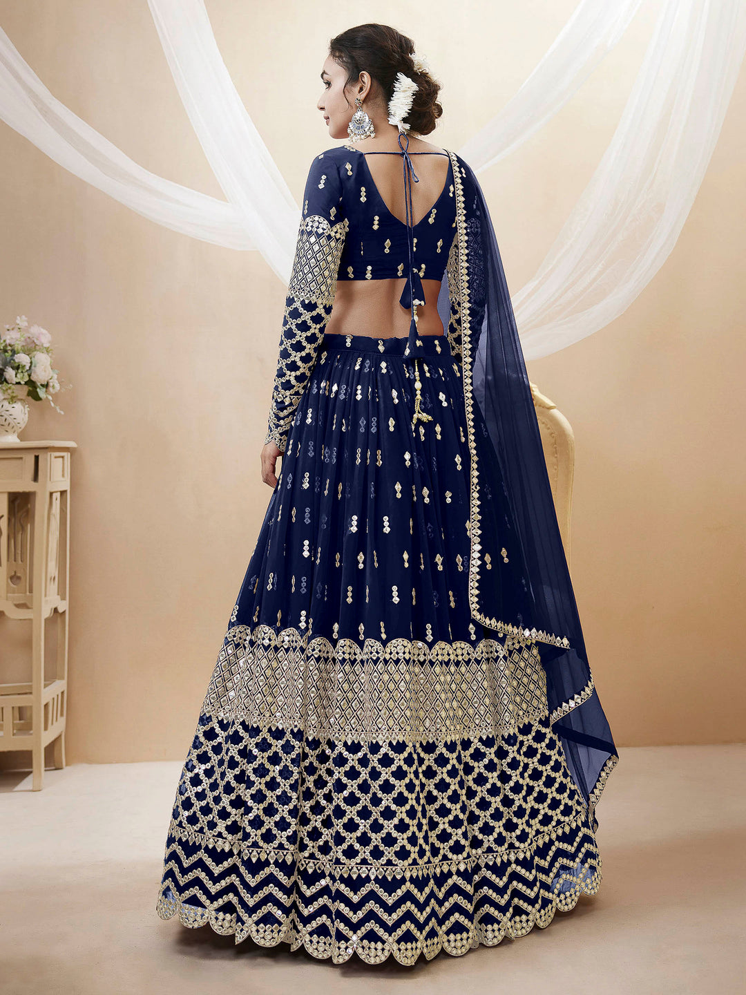 Blue Georgette Embroidered Semi Stitched Lehenga Choli with Dupatta
