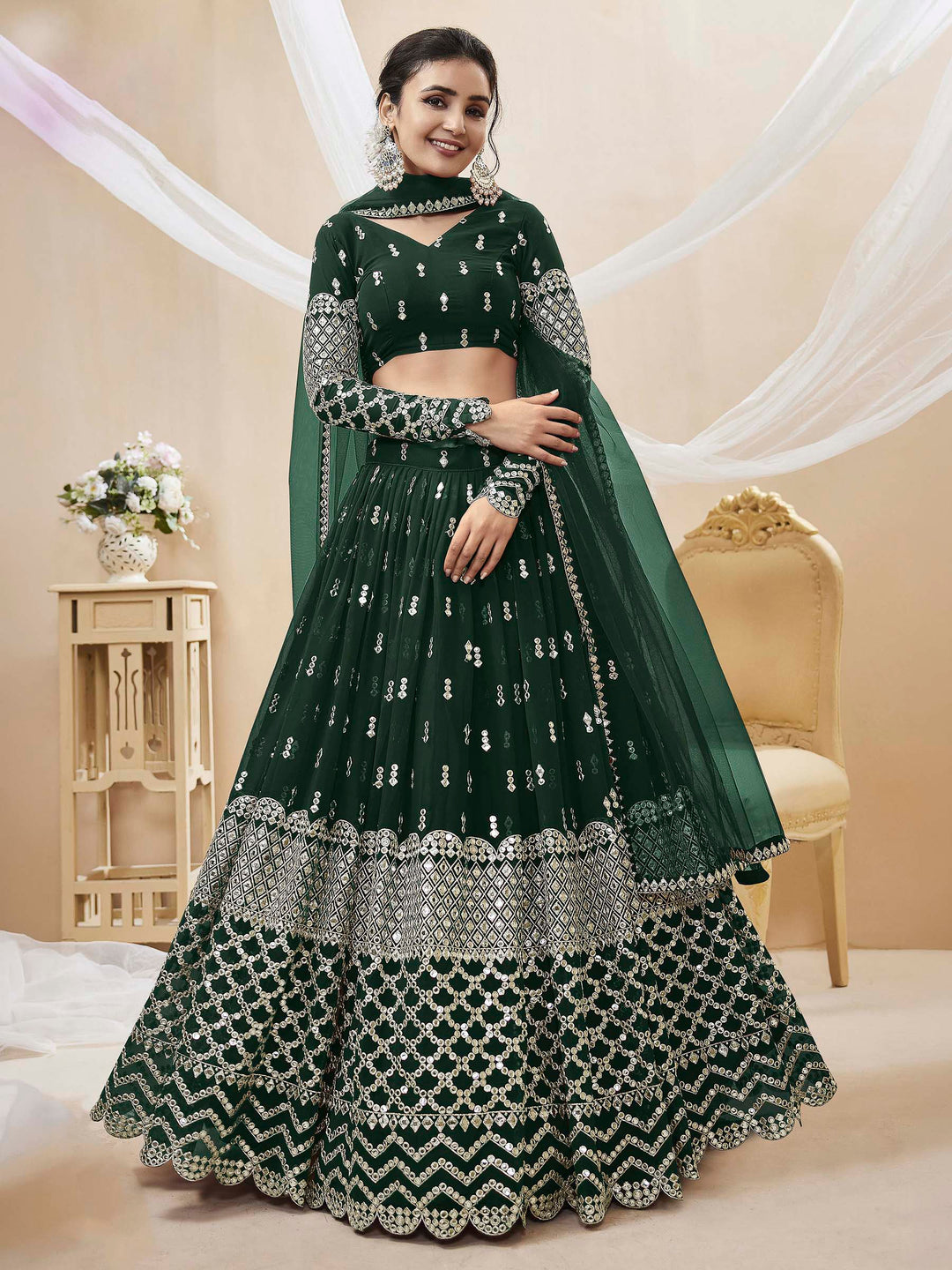 Green Georgette Embroidered Semi Stitched Lehenga Choli with Dupatta