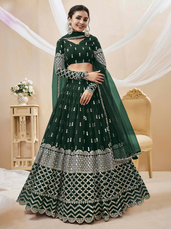 Green Georgette Embroidered Semi Stitched Lehenga Choli with Dupatta