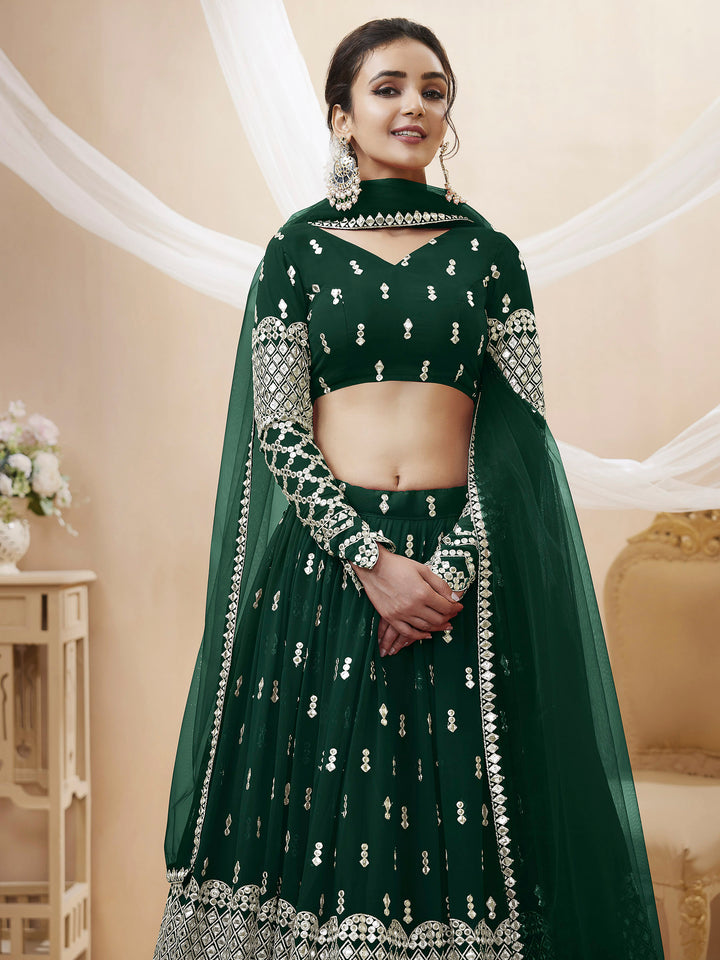 Green Georgette Embroidered Semi Stitched Lehenga Choli with Dupatta