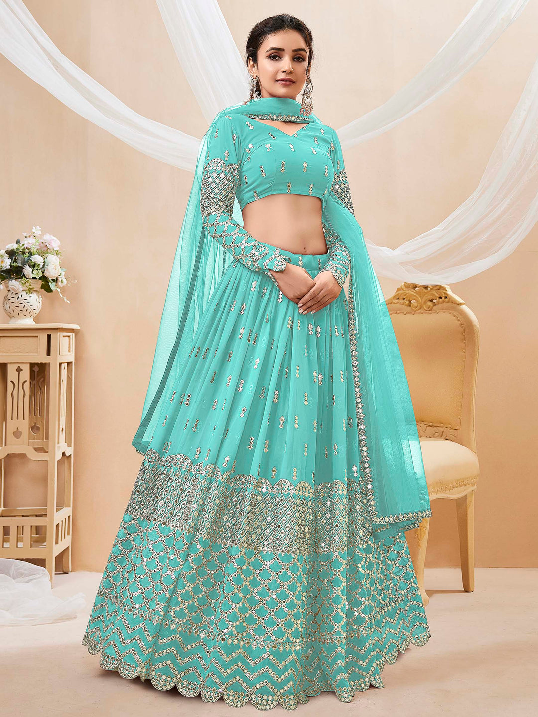 Blue Georgette Embroidered Semi Stitched Lehenga Choli with Dupatta