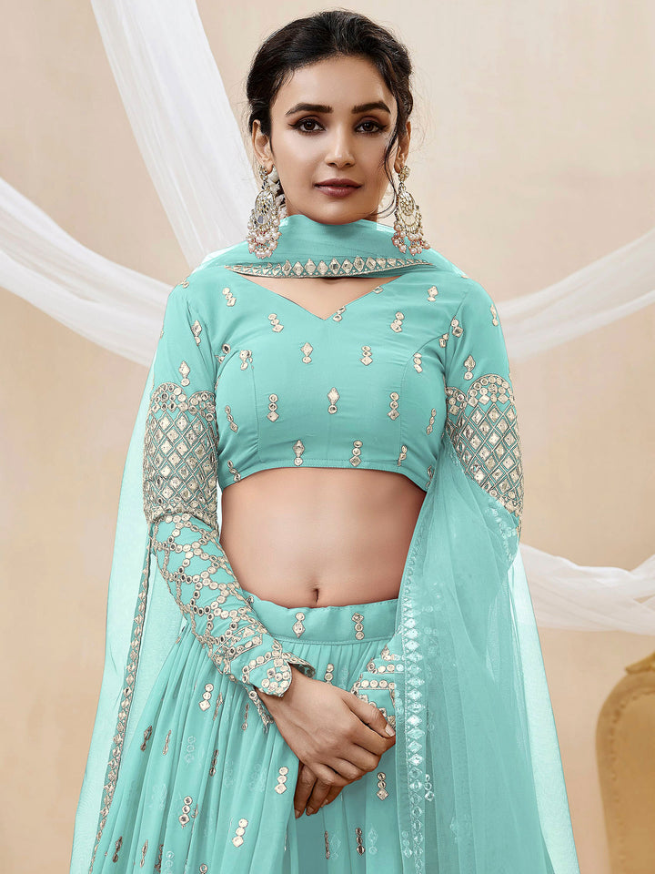 Blue Georgette Embroidered Semi Stitched Lehenga Choli with Dupatta