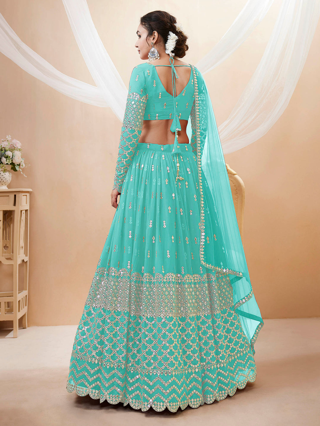 Blue Georgette Embroidered Semi Stitched Lehenga Choli with Dupatta